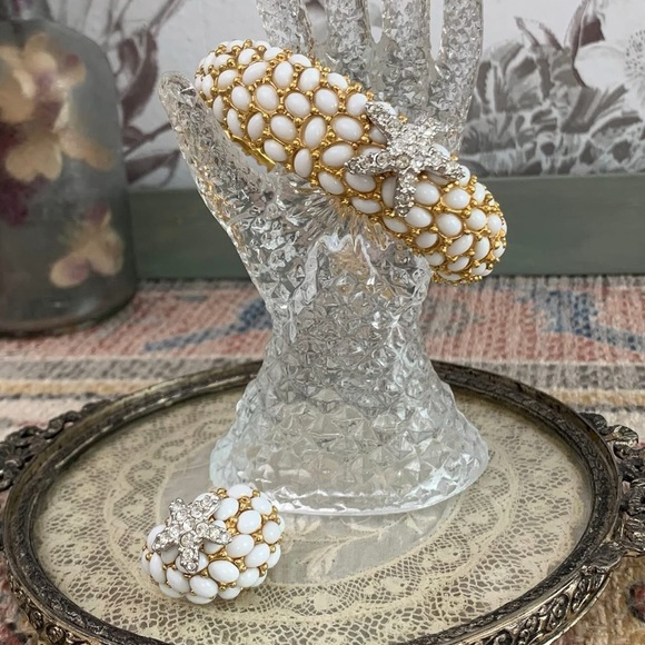 Vintage Signed KJL Neptune Starfish Cabochon Gold Clamper Bangle Bracelet & Ring - Picture 4 of 6